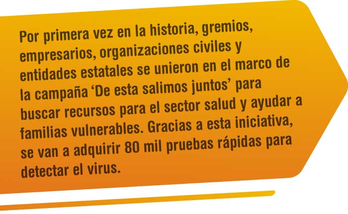 Por primera vez en la historia, gremios, empresarios, organizaciones civiles y entidades estatales se unieron en el marco de la campaña ‘De esta salimos juntos’ para buscar recursos para el sector salud y ayudar a familias vulnerables. Gracias a esta iniciativa, se van a adquirir 80 mil pruebas rápidas para detectar el virus. Especial Santander no se detiene - Vanguardia