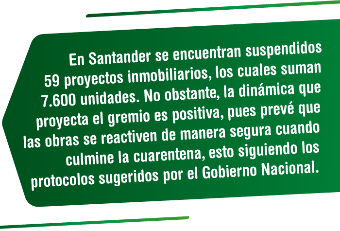 En Santander se encuentran suspendidos 59 proyectos inmobiliarios, los cuales suman 7.600 unidades. No obstante, la dinámica que proyecta el gremio es positiva, pues prevé que las obras se reactiven de manera segura cuando culmine la cuarentena, esto siguiendo los protocolos sugeridos por el Gobierno Nacional. Especial Santander no se detiene - Vanguardia